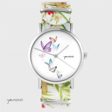 Zegarek - Motyle - kwiaty, nato, biały
