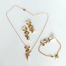 Komplet Trzyczęściowy Złote Listki z Perłą