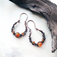 Secesyjne kolczyki z agatem, kolczyki miedziane wire wrapping z agatem, okrągłe kolczyki miedziane