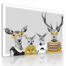 OBRAZ NA PŁÓTNIE 120x80cm Rodzina jeleni w źółtych sweterkach 02234