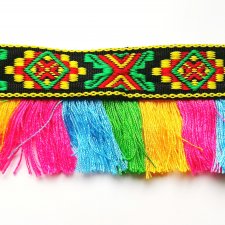 Azteckie lato - tkana taśma z frędzlami, etniczny wzór, bogactwo kolorów, regulowana bransoletka