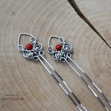 Szpilki do włosów z koralem, wire wrapping, stal chirurgiczna