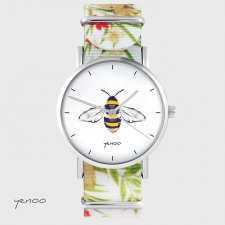Zegarek - Pszczoła - kwiaty, nato, biały