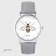 Zegarek - Pszczoła - skórzany, szary