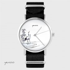 Zegarek - Japońskie żurawie - czarny, nylonowy