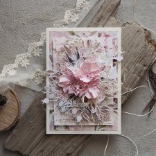 Elegancka kartka ślubna w odcieniach różu i bieli z ręcznie robionymi kwiatami