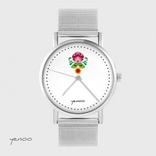Zegarek, bransoleta - Folkowy kwiat - metalowy mesh
