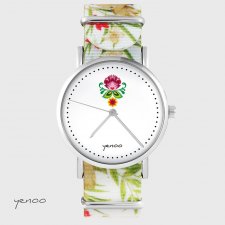 Zegarek - Folkowy kwiat - kwiaty, nato, biały