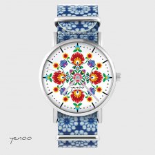 Zegarek - Folkowa mandala - niebieski, kwiaty, nato