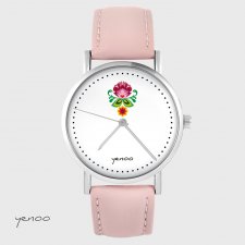Zegarek - Folkowy kwiat - skórzany, pudrowy róż