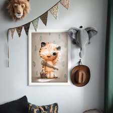 Pan TYGRYS - przyjaciele z dżungli, plakat dla dziecka, ilustracja do pokoju dziecka beżowy obrazek dla chłopca