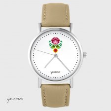 Zegarek - Folkowy kwiat - skórzany, beżowy
