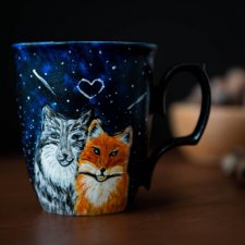Porcelanowy kubek do kawy z wilkiem i lisem, malowana porcelana konstelacje, personalizowany prezent