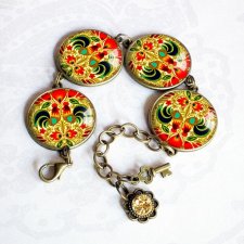 koguty folk -piękna unikalna duża bransoletka z grafiką w szkle