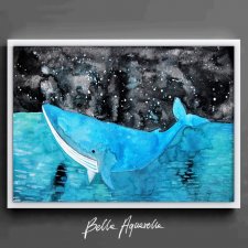 Akwarela oryginalna A4 "Wieloryb Marzyciel", obraz malowany ręcznie, w morskim stylu, ocean, chłopięcy świat, whale, woda, niebieski