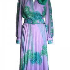 (Autentyczny vintage) Liliowa sukienka w miętowe kwiaty chryzantemy + broszka