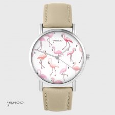 Zegarek yenoo - Flamingi - skórzany, beżowy