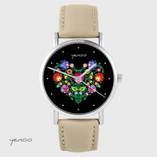 Zegarek yenoo - Serce folkowe, czarny - skórzany, beżowy
