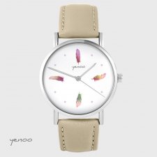 Zegarek yenoo - Kolorowe piórka - skórzany, beżowy
