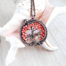Drzewo życia, wisior wire wrapping, koral czerwony i patynowana miedź