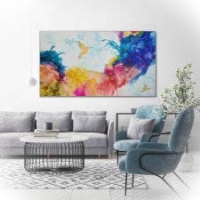 Abstrakcyjny obraz do salonu "Kolibry w tęczowej mgle" 140x80 cm