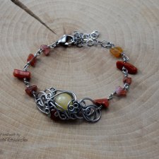 Bransoletka karneol i opal, wire wrapping, stal chirurgiczna