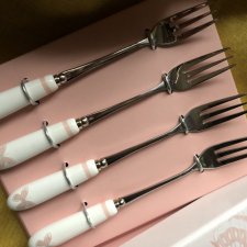 Laura Ashley butterfly garden set of 4 cake forks nowy zestaw / Angielski komplet w oryginalnym opakowaniu porcelanowe widelczyki do ciasta