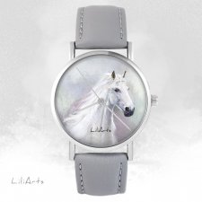 Zegarek - Biały koń - szary, skórzany
