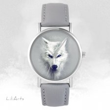 Zegarek - Biały wilk - szary, skórzany