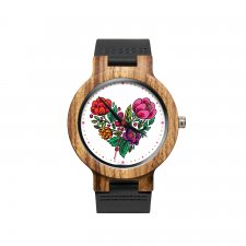 Drewniany zegarek na czarnym pasku z grafiką LOVE FLOWERS