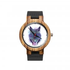 Drewniany zegarek na czarnym pasku z grafiką ORIENTALNY WILK