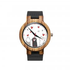 Drewniany zegarek na czarnym pasku z grafiką SŁODKIE ŁAPKI