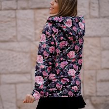 czarna bluza kangurka w kwiaty i liście z dużym kapturem i golfem s - xl