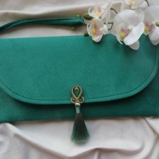 Torebka wesele, soutache sutasz, butelkowa kopertówka z chwostem, szmaragdowa torebka, zielona kopertówka