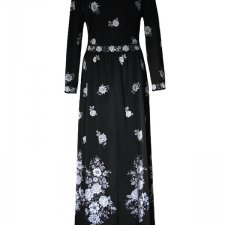 (Autentyczny vintage) Sukienka lata 70-te 70s czarna w białe i szare kwiaty boho