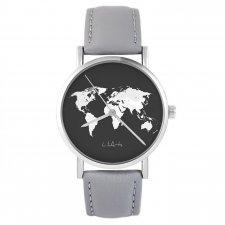 Zegarek - Mapa świata - szary, skórzany