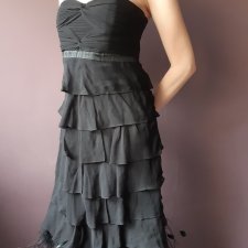 100% SILK + PIÓRA KOKTAJLOWA Z FALBANAMI * GORSET * CZARNA WIECZOROWA SUKIENKA S / 36