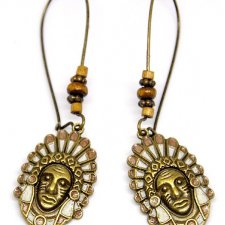 Kolczyki mosiądz Indianin emalia drewno etno