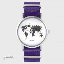 Zegarek - Mapa świata - fioletowy, nylonowy