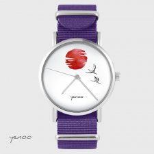 Zegarek - Japońskie żurawie - fioletowy, nylonowy