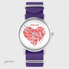 Zegarek - Serce pixelowe - fioletowy, nylonowy