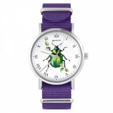 Zegarek - Zielony żuczek - fioletowy, nylonowy