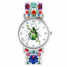 Zegarek - Zielony żuczek - folk biały, nylonowy