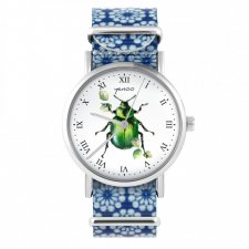 Zegarek - Zielony żuczek - niebieski, kwiaty, nylonowy