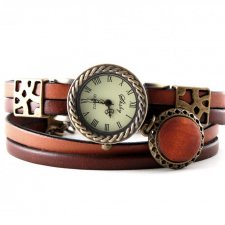 Zegarek- bransoletka w stylu retro, ze skórzanym paskiem i derwnianą zawieszką