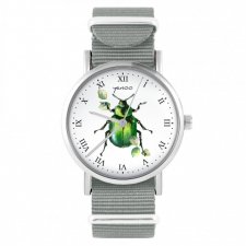 Zegarek - Zielony żuczek - szary, nylonowy