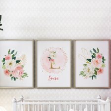 3 plakaty dla dziewczynki - Personalizowany, kwiaty, litera 30x40