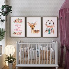 3 plakaty dla dziewczynki - Personalizowany, kwiaty, jelonek napis, 30x40