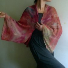Kimono Kardigan lniany, lekka Narzutka, okrycie z lnu, unikatowa dzianina lniana, szal lniany ręcznie barwiony, Vegan red by Tati