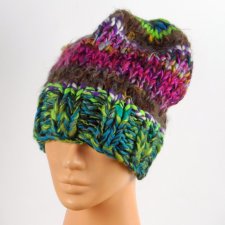czapka melanżowa, ciepła, fioletowa, zielona, z jedwabiem, z wełny, na drutach